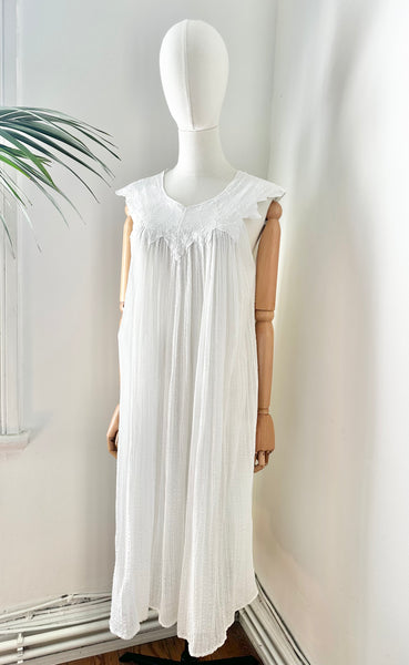 1970's White Grecian Cotton Smock Mini Dress
