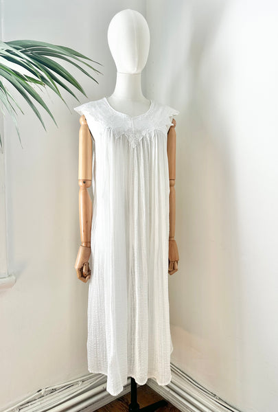 1970's White Grecian Cotton Smock Mini Dress