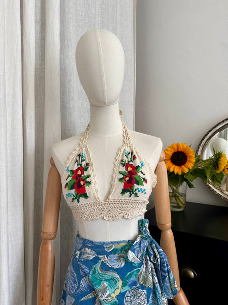 Vintage 1970s Embroidered Cotton Halter Top with Bohemian Crochet Detailing