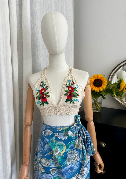 Vintage 1970s Embroidered Cotton Halter Top with Bohemian Crochet Detailing