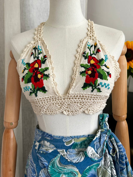 Vintage 1970s Embroidered Cotton Halter Top with Bohemian Crochet Detailing