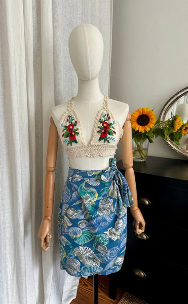 Vintage 1970s Embroidered Cotton Halter Top with Bohemian Crochet Detailing
