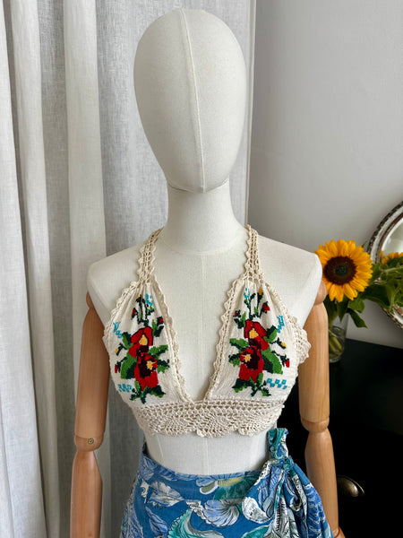 Vintage 1970s Embroidered Cotton Halter Top with Bohemian Crochet Detailing