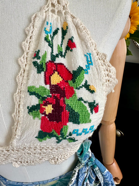 Vintage 1970s Embroidered Cotton Halter Top with Bohemian Crochet Detailing