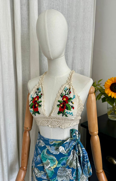 Vintage 1970s Embroidered Cotton Halter Top with Bohemian Crochet Detailing