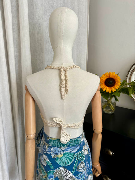 Vintage 1970s Embroidered Cotton Halter Top with Bohemian Crochet Detailing