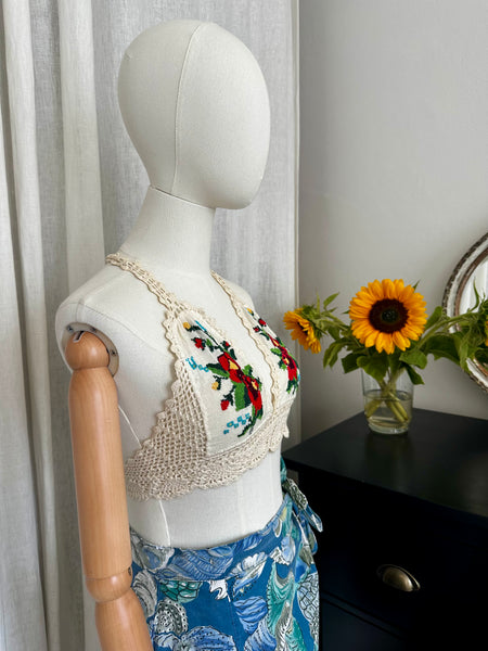Vintage 1970s Embroidered Cotton Halter Top with Bohemian Crochet Detailing