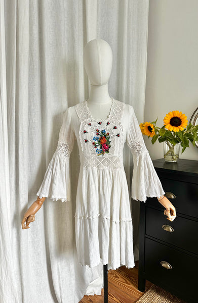 Vintage 1970s Embroidered Cheesecloth Cotton Mini Dress with Trumpet Sleeves