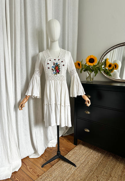 Vintage 1970s Embroidered Cheesecloth Cotton Mini Dress with Trumpet Sleeves