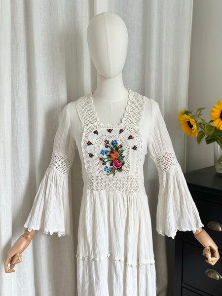 Vintage 1970s Embroidered Cheesecloth Cotton Mini Dress with Trumpet Sleeves