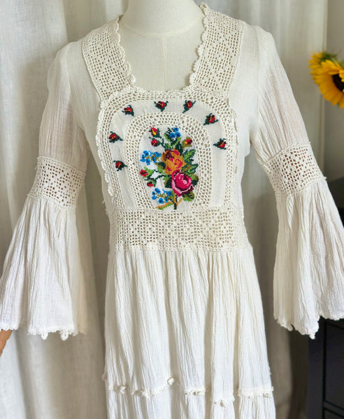 Vintage 1970s Embroidered Cheesecloth Cotton Mini Dress with Trumpet Sleeves