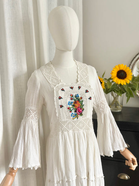 Vintage 1970s Embroidered Cheesecloth Cotton Mini Dress with Trumpet Sleeves