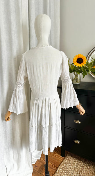 Vintage 1970s Embroidered Cheesecloth Cotton Mini Dress with Trumpet Sleeves