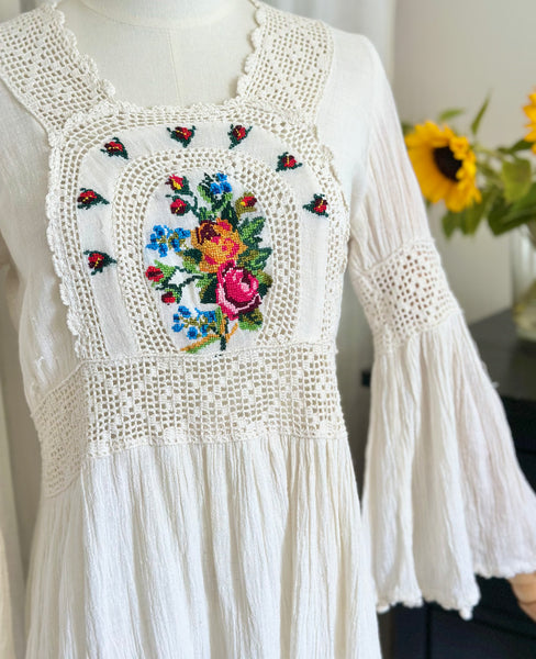 Vintage 1970s Embroidered Cheesecloth Cotton Mini Dress with Trumpet Sleeves