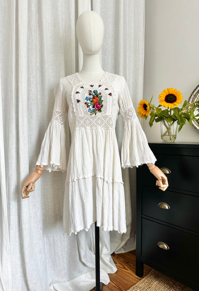 Vintage 1970s Embroidered Cheesecloth Cotton Mini Dress with Trumpet Sleeves