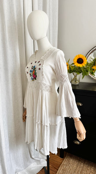 Vintage 1970s Embroidered Cheesecloth Cotton Mini Dress with Trumpet Sleeves