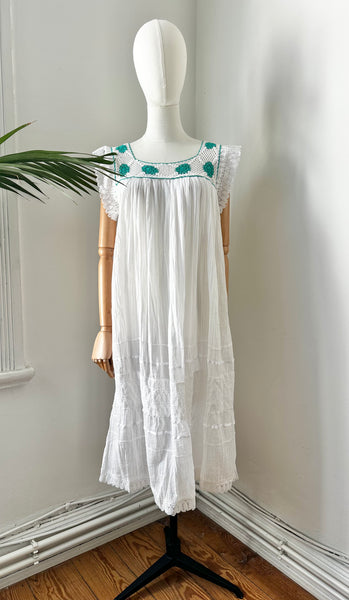 1970's White Floral Grecian Cotton Smock Dress