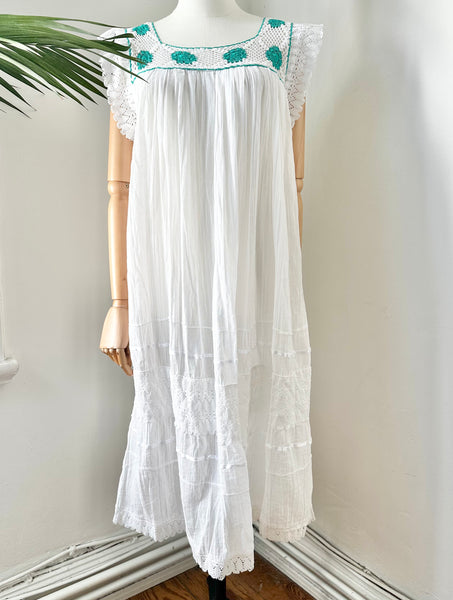 1970's White Floral Grecian Cotton Smock Dress