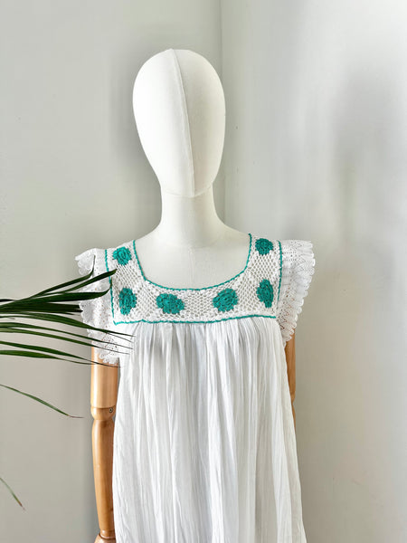 1970's White Floral Grecian Cotton Smock Dress