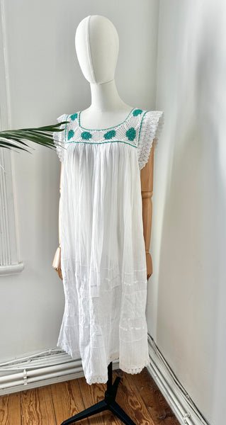 1970's White Floral Grecian Cotton Smock Dress