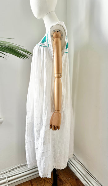 1970's White Floral Grecian Cotton Smock Dress