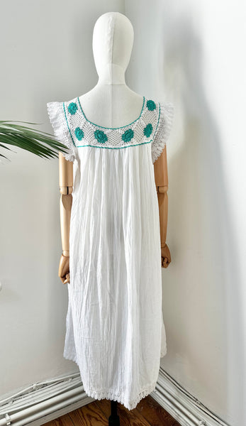 1970's White Floral Grecian Cotton Smock Dress