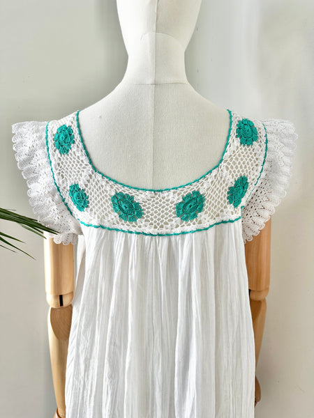 1970's White Floral Grecian Cotton Smock Dress
