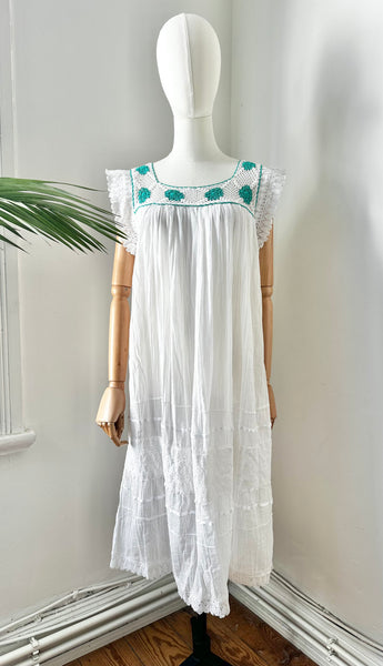 1970's White Floral Grecian Cotton Smock Dress