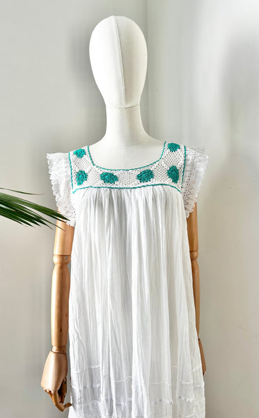 1970's White Floral Grecian Cotton Smock Dress