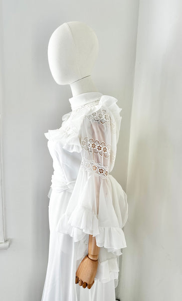 Rare 1970s White Prairie Maxi Dress with Waterfall Sleeves