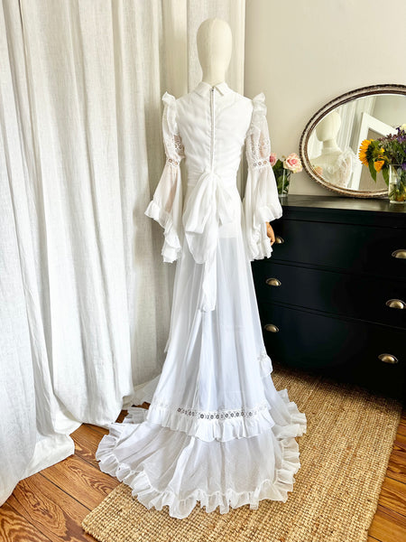 Rare 1970s White Prairie Maxi Dress with Waterfall Sleeves