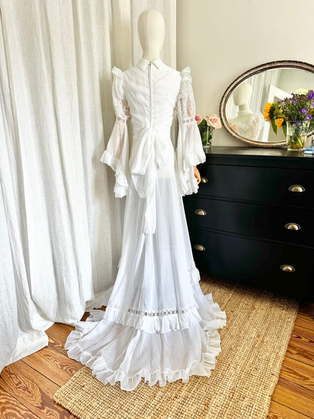 Rare 1970s White Prairie Maxi Dress with Waterfall Sleeves