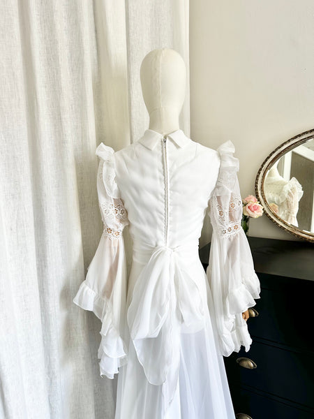 Rare 1970s White Prairie Maxi Dress with Waterfall Sleeves