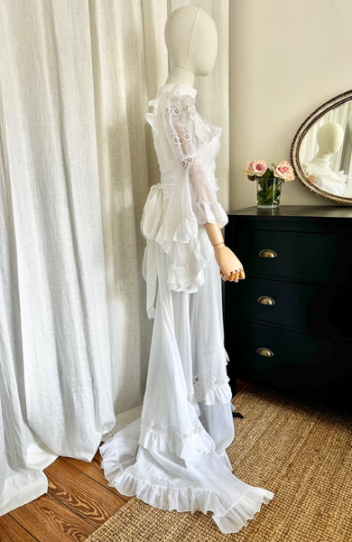 Rare 1970s White Prairie Maxi Dress with Waterfall Sleeves
