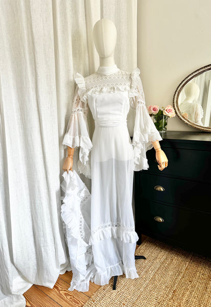 Rare 1970s White Prairie Maxi Dress with Waterfall Sleeves