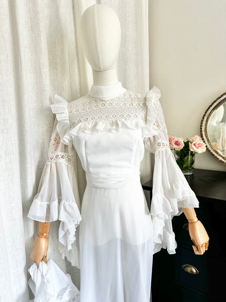 Rare 1970s White Prairie Maxi Dress with Waterfall Sleeves
