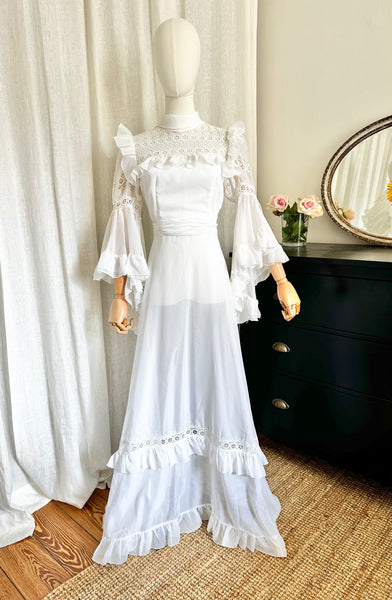Rare 1970s White Prairie Maxi Dress with Waterfall Sleeves