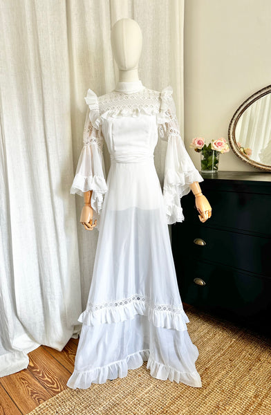 Rare 1970s White Prairie Maxi Dress with Waterfall Sleeves