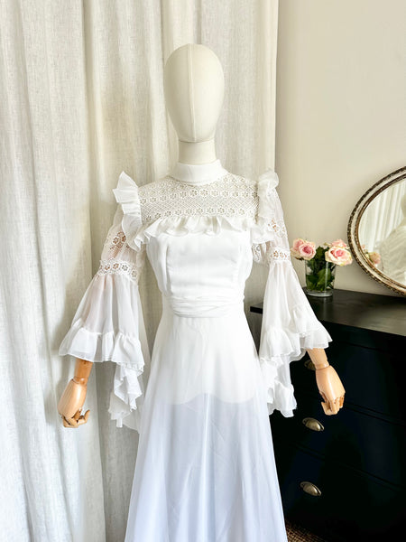Rare 1970s White Prairie Maxi Dress with Waterfall Sleeves
