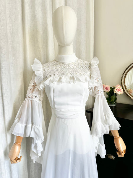 Rare 1970s White Prairie Maxi Dress with Waterfall Sleeves