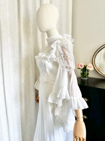 Rare 1970s White Prairie Maxi Dress with Waterfall Sleeves