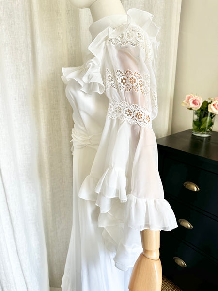 Rare 1970s White Prairie Maxi Dress with Waterfall Sleeves