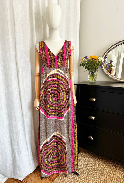 1970's Abstract Pink Cotton Maxi Dress
