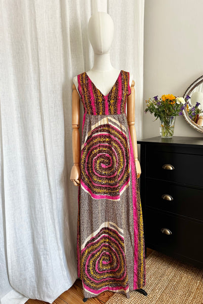 1970's Abstract Pink Cotton Maxi Dress