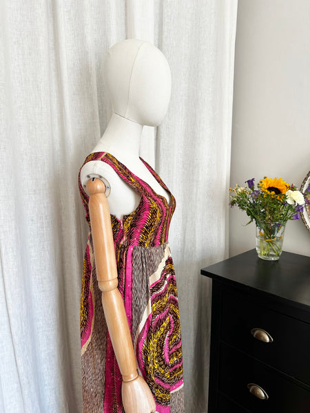 1970's Abstract Pink Cotton Maxi Dress