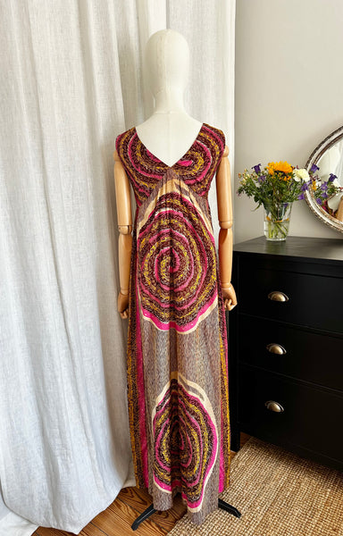1970's Abstract Pink Cotton Maxi Dress
