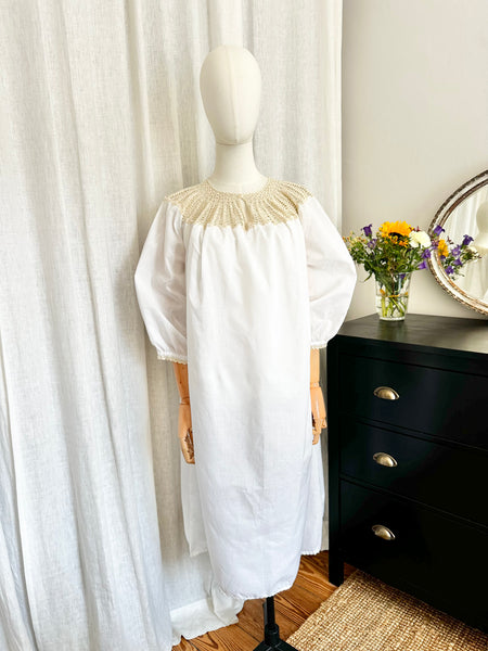1970's White Crochet Grecian Cotton Smock Dress