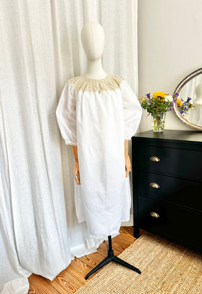1970's White Crochet Grecian Cotton Smock Dress
