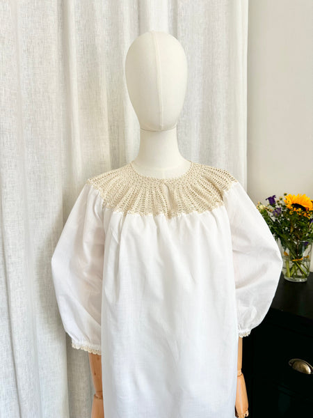 1970's White Crochet Grecian Cotton Smock Dress
