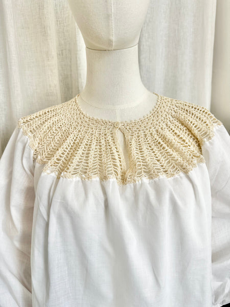 1970's White Crochet Grecian Cotton Smock Dress